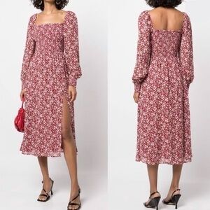 Reformation Cello Floral Red White Long Sleeve Midi Dress L